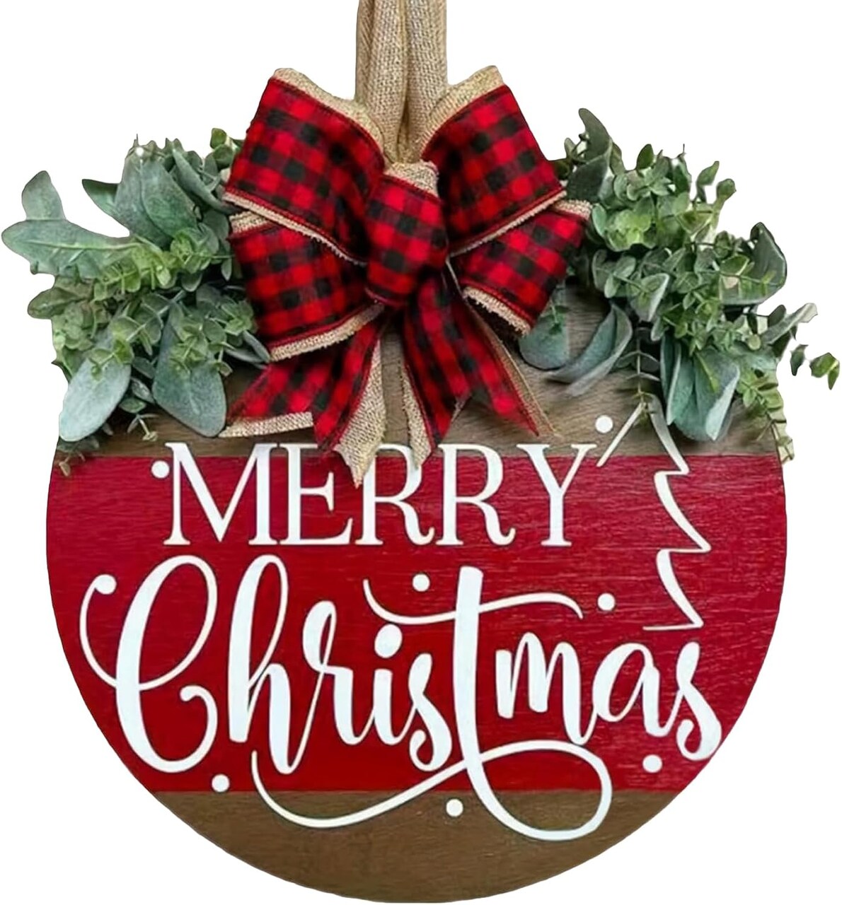 Merry Christmas Wreath Hanging Sign for Front Door, Wooden Welcome Wreaths Sign with Bow for Holiday Rustic Farmhouse Outdoor Wall Window Decor (Merry Christmas)